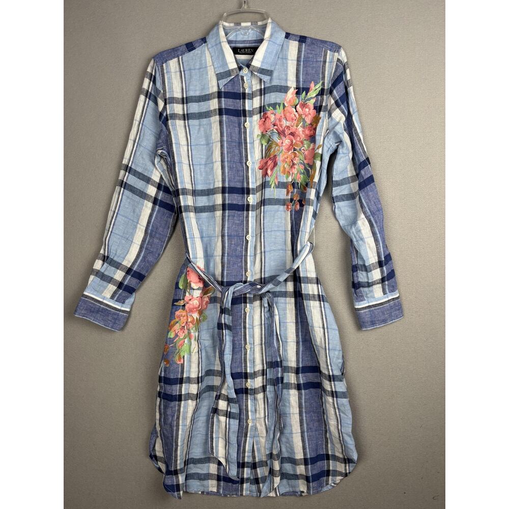Lauren Ralph Lauren Dress Womens 4 Plaid Shirt Floral Belted Linen Long Sleeve
